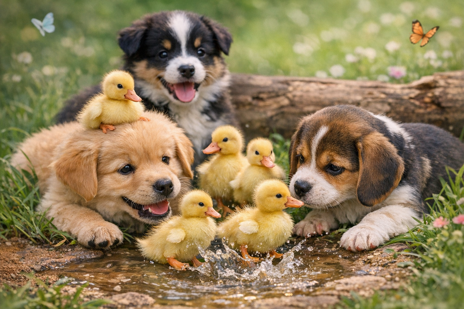 Cute image of puppies and baby ducks playing.
